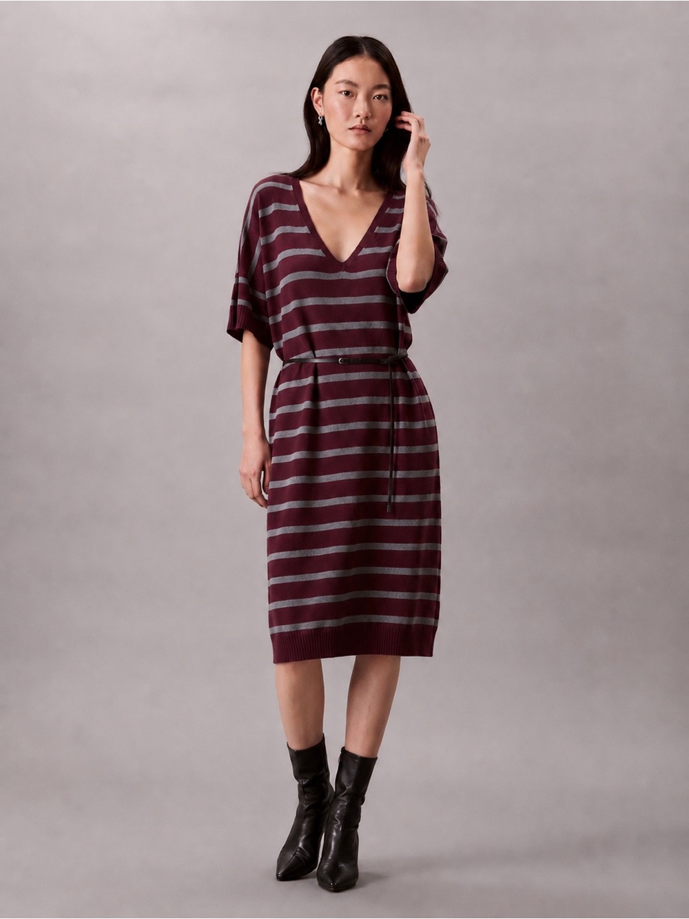 Calvin Klein Jeans Burgundy Gray Striped Sweater Dress XL NWT